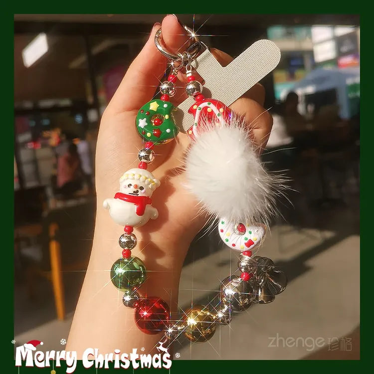 圣诞毛球手机挂绳短款手腕手机挂链挂饰绳卡条夹片式手机壳通用
