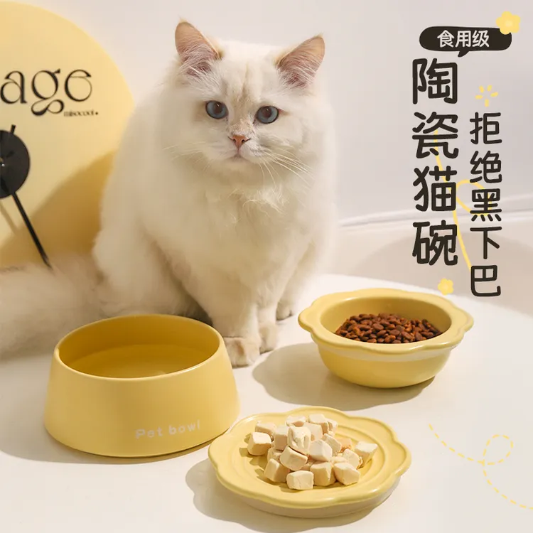宠物陶瓷猫碗狗碗猫粮碗猫食盆饮水碗吃饭碗零食碟三合一猫咪用品