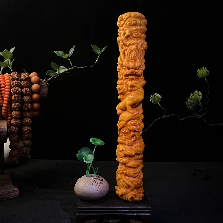 实心竹精雕双龙戏珠四大神兽九龙拉棺（孤品）30公分长5.0左右直径