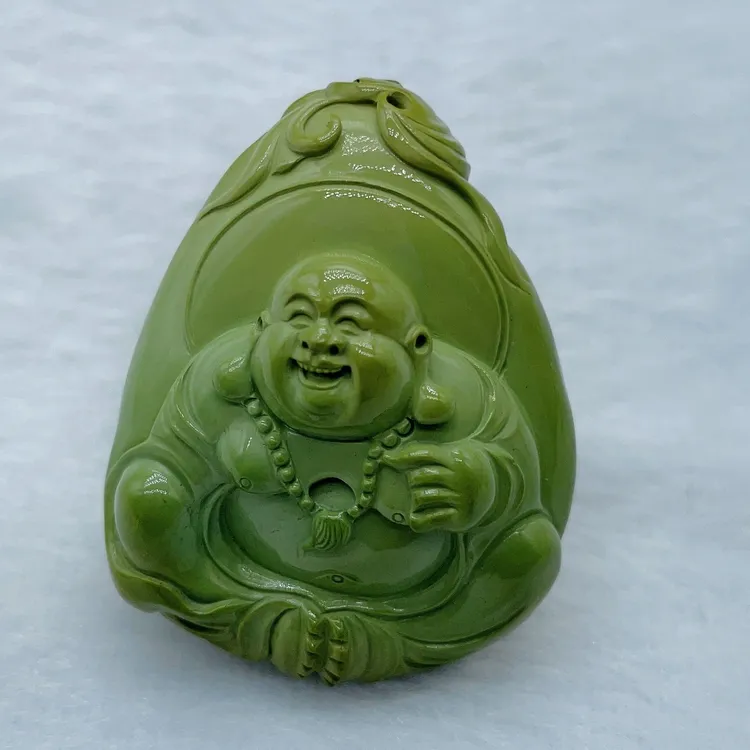 原矿绿松石纯手工雕刻件，吊坠手把件通用，菜籽黄颜色，弥勒佛挂坠