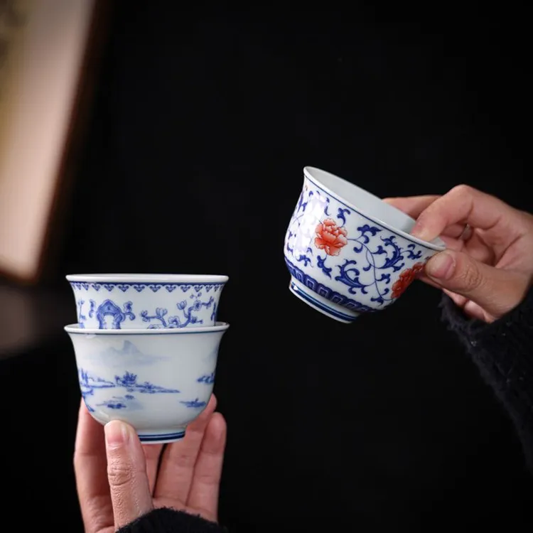 青花主人杯陶瓷茶具釉里红缠枝马蹄杯家用白瓷复古中式品名杯茶杯