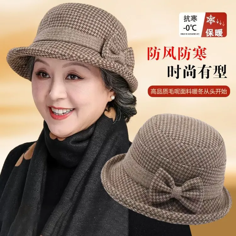 女士新款帽子女秋冬季礼帽毛呢盆帽中年老人帽子妈妈帽洋气渔夫帽