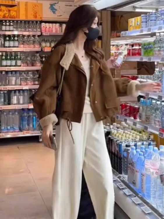 鹿皮绒羊羔毛外套女短款加绒加厚秋冬新款2024韩版宽松小个子上衣