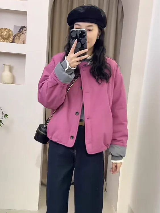 韩系糖果色单排扣圆领撞色棉服外套女2024冬新款时尚百搭保暖棉衣