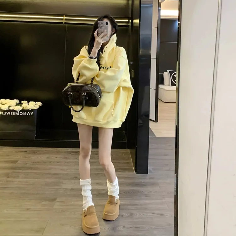 美式慵懒风oversize字母刺绣连帽卫衣女春秋季宽松中长款外套潮牌