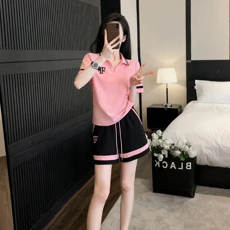 洋气时髦休闲运动套装女夏2025短袖款polo领字母短裤跑步两件套潮