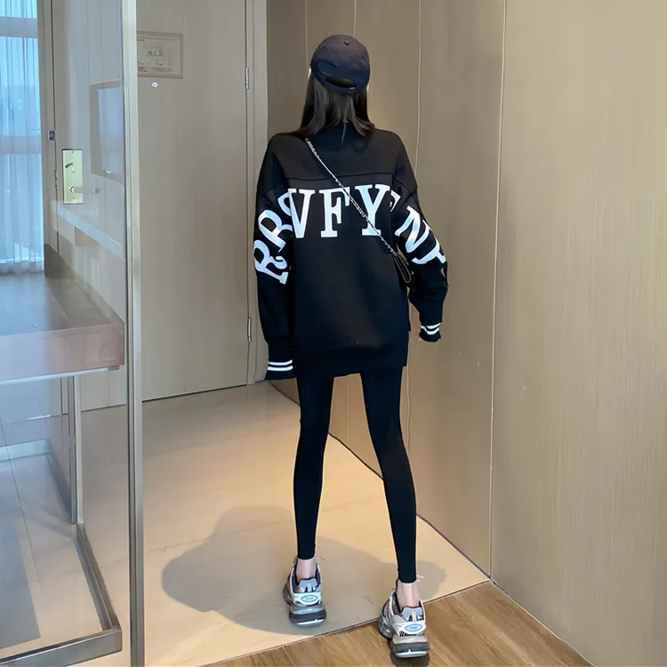 潮牌黑色卫衣女春秋薄款宽松中长款bf慵懒风长袖时尚加绒加厚外套