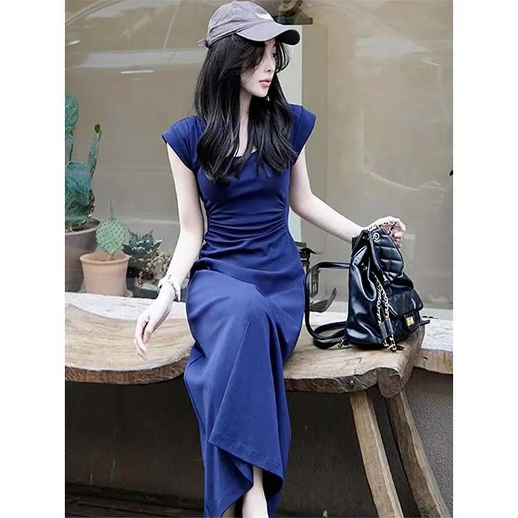 修身t恤裙辣妹高级感长裙2025新款女装夏季小众设计蓝色连衣裙子