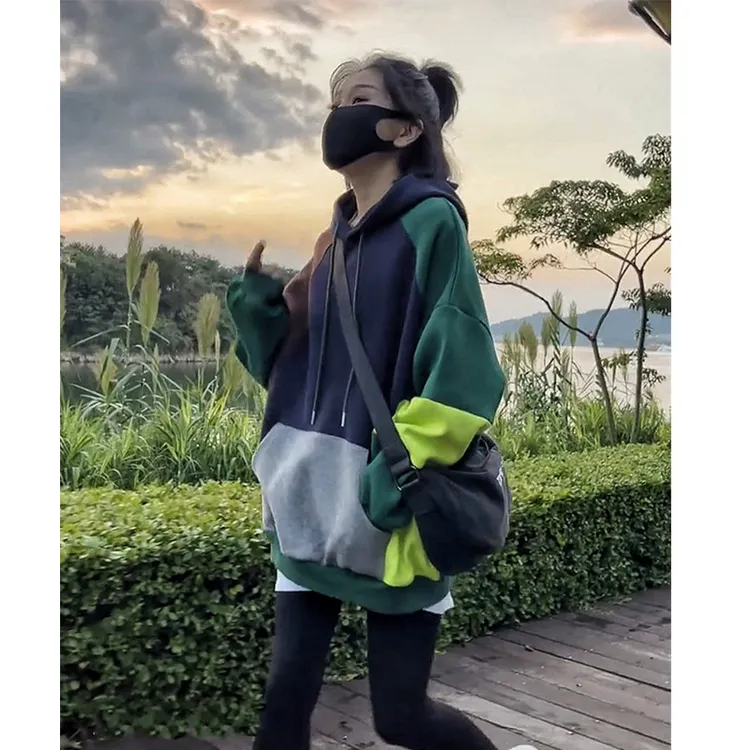 网红多色拼色慵懒风卫衣女宽松时尚韩版设计感连帽小众中长款外套