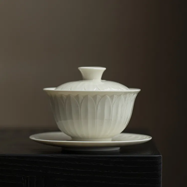 仿宋定窑白元宝盖碗品茗茶杯功夫茶具三才大容量不烫手家用泡茶碗