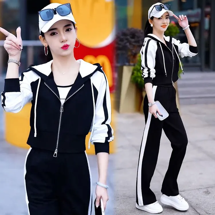 休闲套装女2025春秋新款时尚减龄连帽开衫卫衣阔腿裤运动服两件套