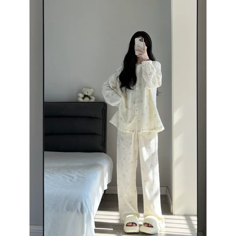 睡衣女夏款2024新款大码薄款甜美碎花婴儿纱家居服套装秋季胖mm