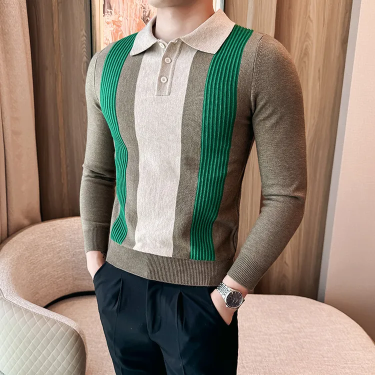  2024秋季新款 Polo翻领修身暗花拼色针织衫毛衣男款长袖打底衫