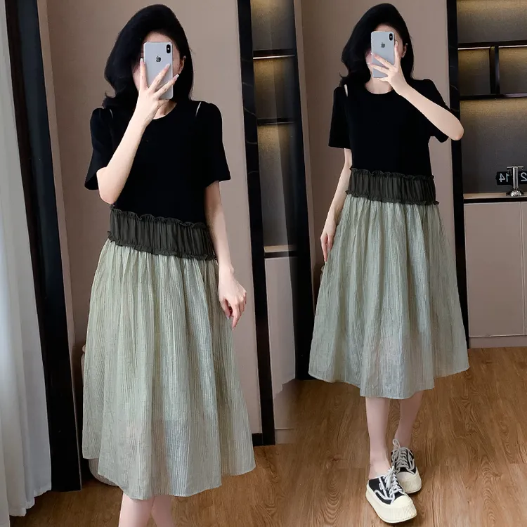 韩系撞色甜美连衣裙夏季减龄大码显瘦洋气设计感时尚露肩T恤长裙