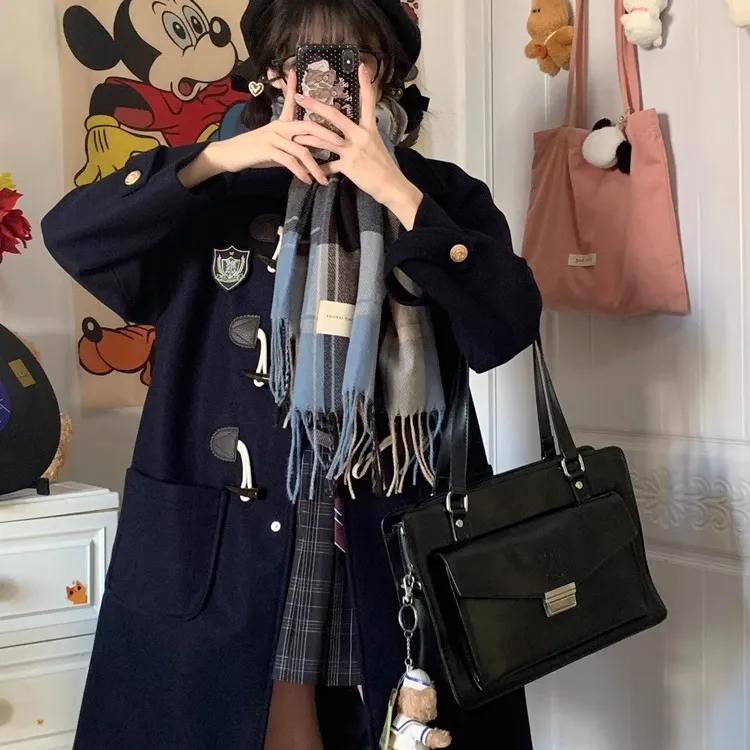 【神仙club】学院牛角扣jk呢子大衣中长款小个子日系毛呢外套女冬
