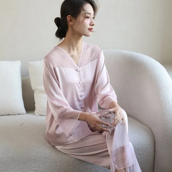 【美丽人生】蕾丝高级感休闲冰雪丝家居服韩版长袖轻奢睡衣套装