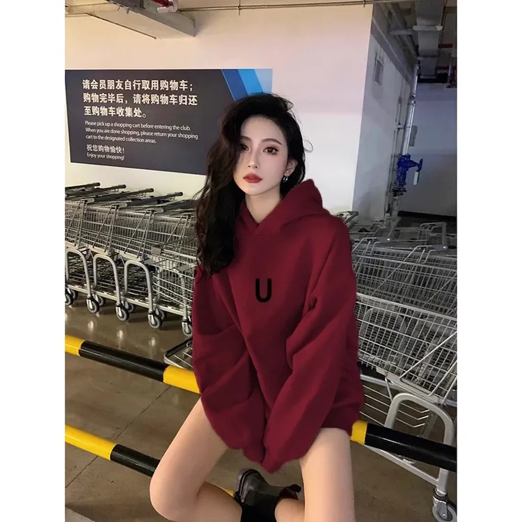 美式复古酒红色连帽卫衣女秋冬加绒加厚中长款小个子情侣上衣冬季