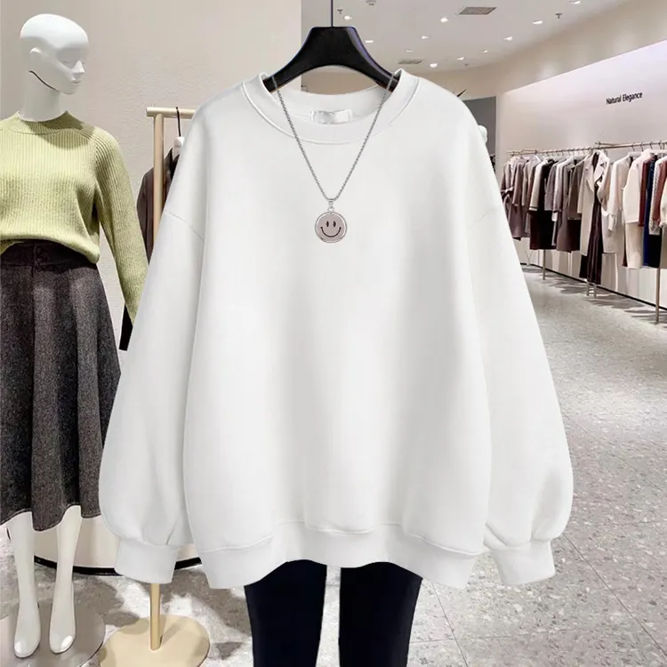 白色圆领卫衣女加绒加厚2025秋冬新款爆款纯色慵懒风宽松大码上衣