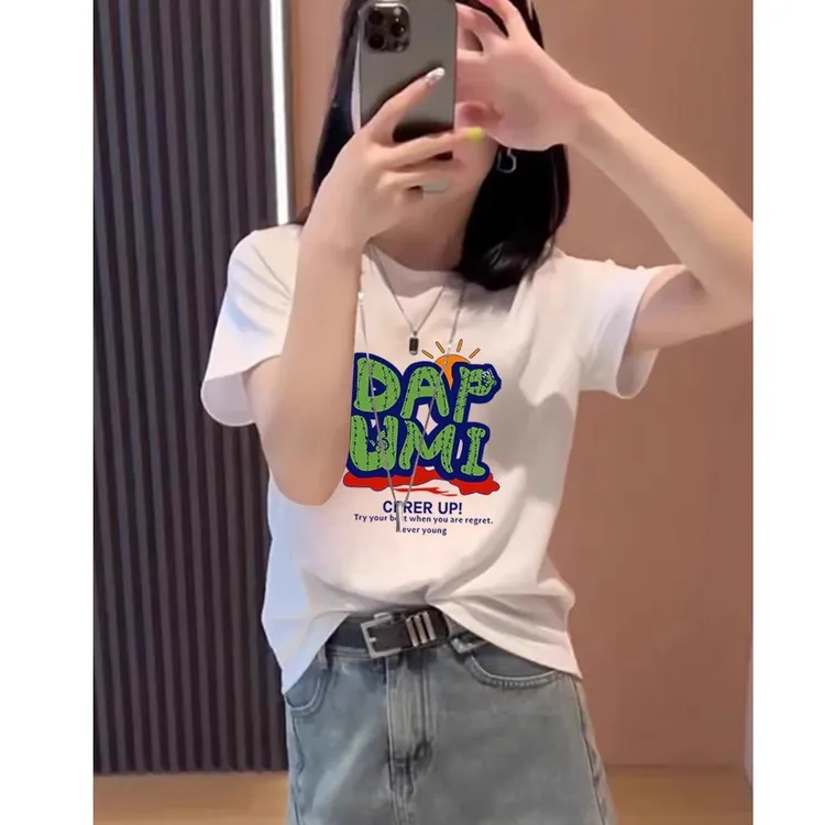 正肩纯棉短袖T恤女士2025年夏季新款时尚字母印花圆领白色上衣潮