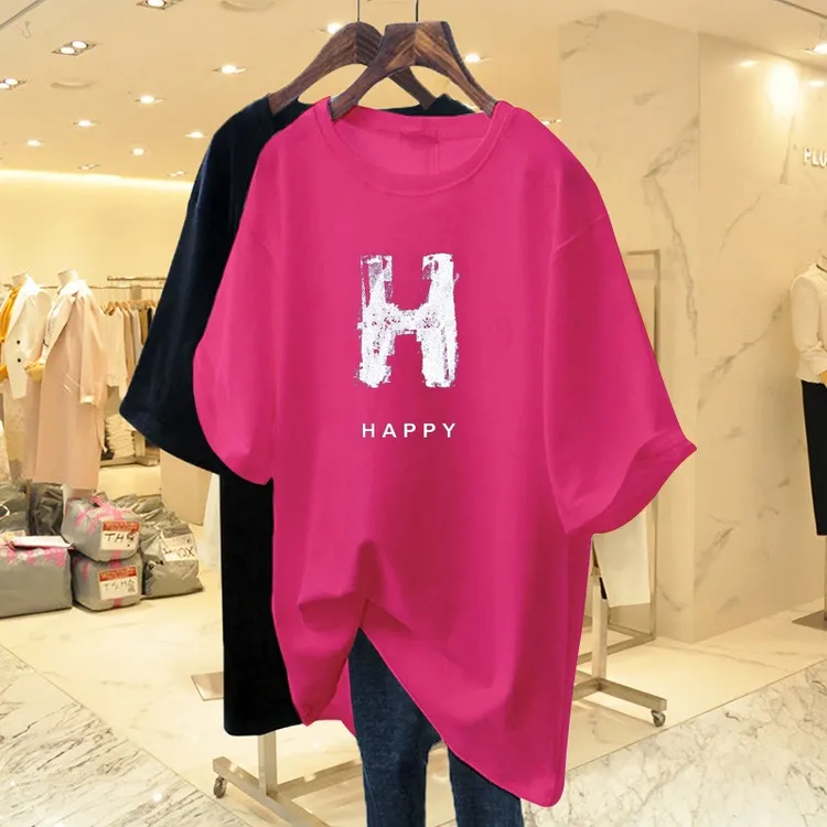 火龙果色T恤女短袖中长款纯棉2025夏新款宽松大码欧货遮屁股上衣