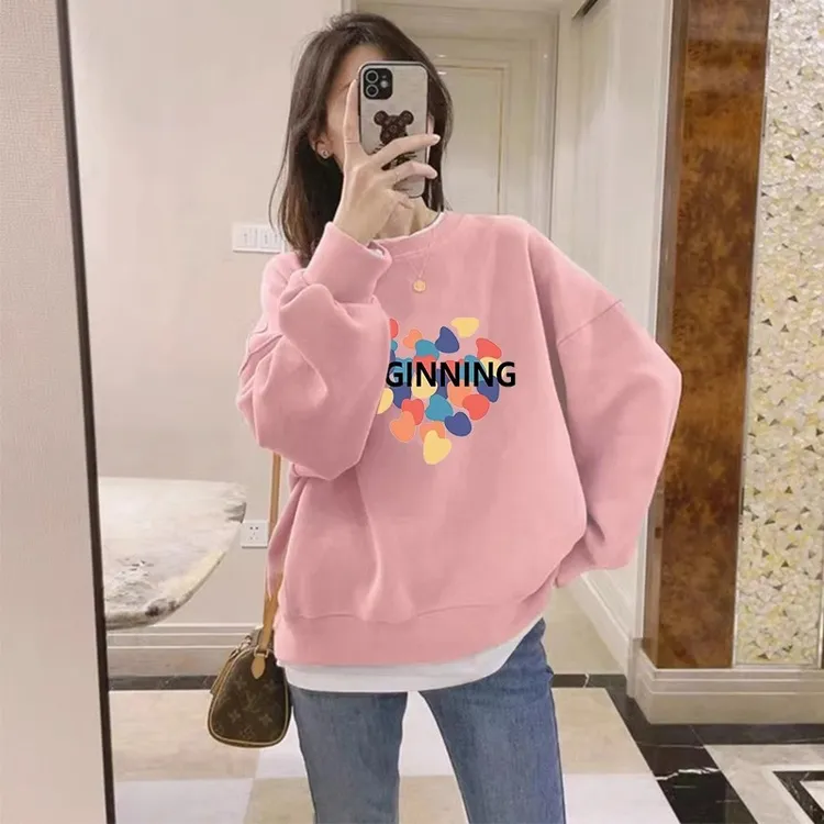 春秋薄款粉色卫衣女圆领无帽2025年新款爆款秋冬加绒字母欧货上衣
