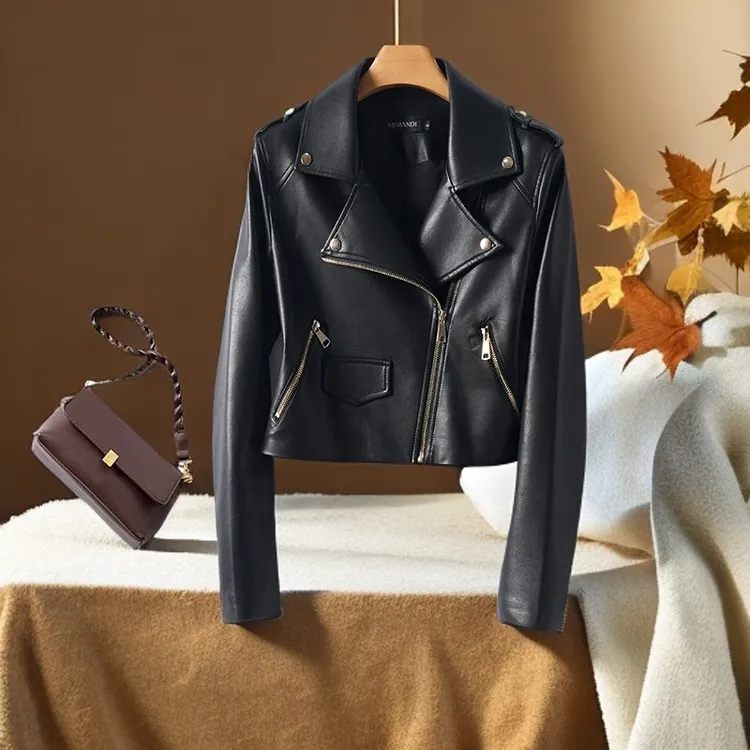 新款海宁绵羊皮2025秋季真皮皮衣女短款修身显瘦机车服夹克小外套