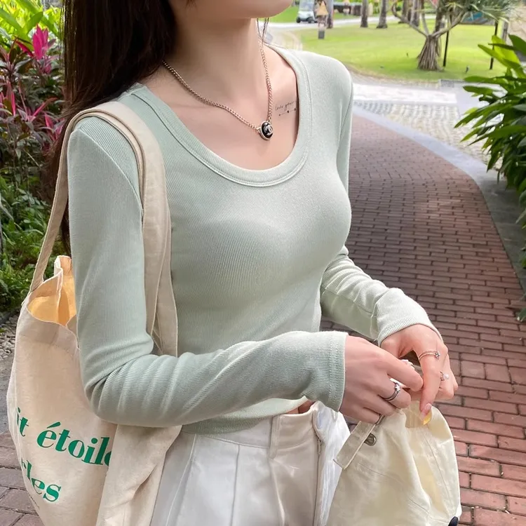白色t恤女长袖内搭春秋2025新款低领纯棉打底衫黑色正肩修身上衣