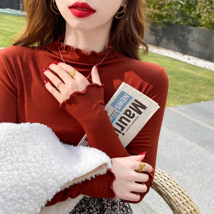 加厚加绒打底衫女长袖春秋百搭木耳边T恤2025洋气半高领内搭上衣