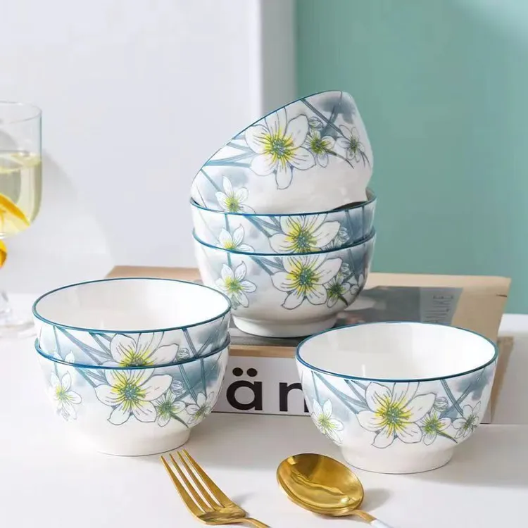 水仙花4.6英寸米饭碗10只装高温釉下彩耐高温家用