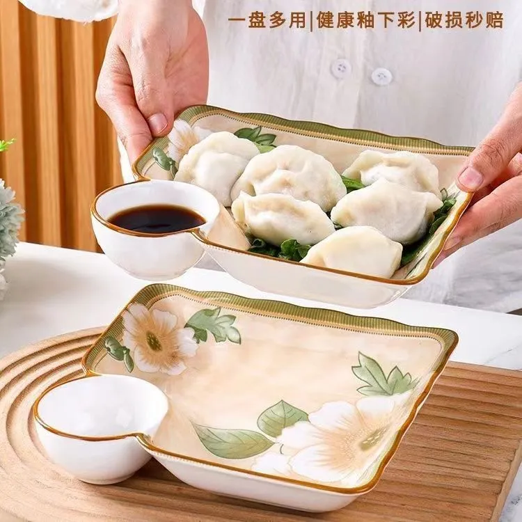 山茶花饺子盘蘸料盘高温陶瓷釉下彩家用分格轻奢