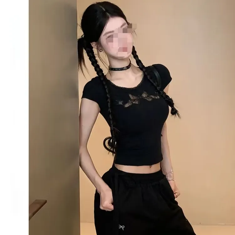 夏季茶系甜心修身显瘦蝴蝶结蕾丝正肩T恤+高腰时尚刺绣直筒裤套装