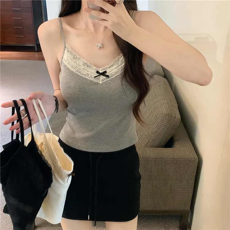 纯欲风辣妹蕾丝蝴蝶结吊带背心女外穿修身短款带胸垫打底无袖上衣
