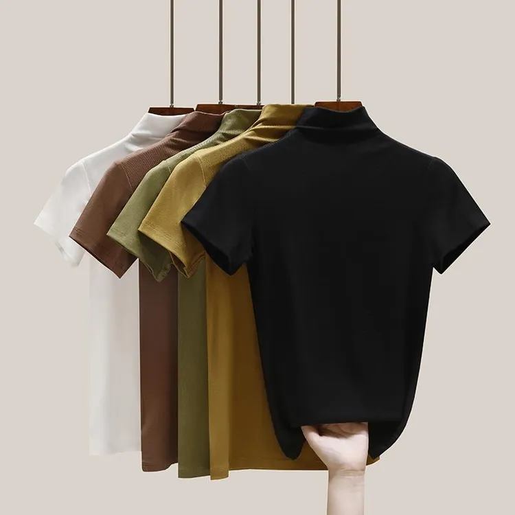半高领短袖女夏季薄款紧身2024纯色年新款春秋内搭打底衫上衣百搭