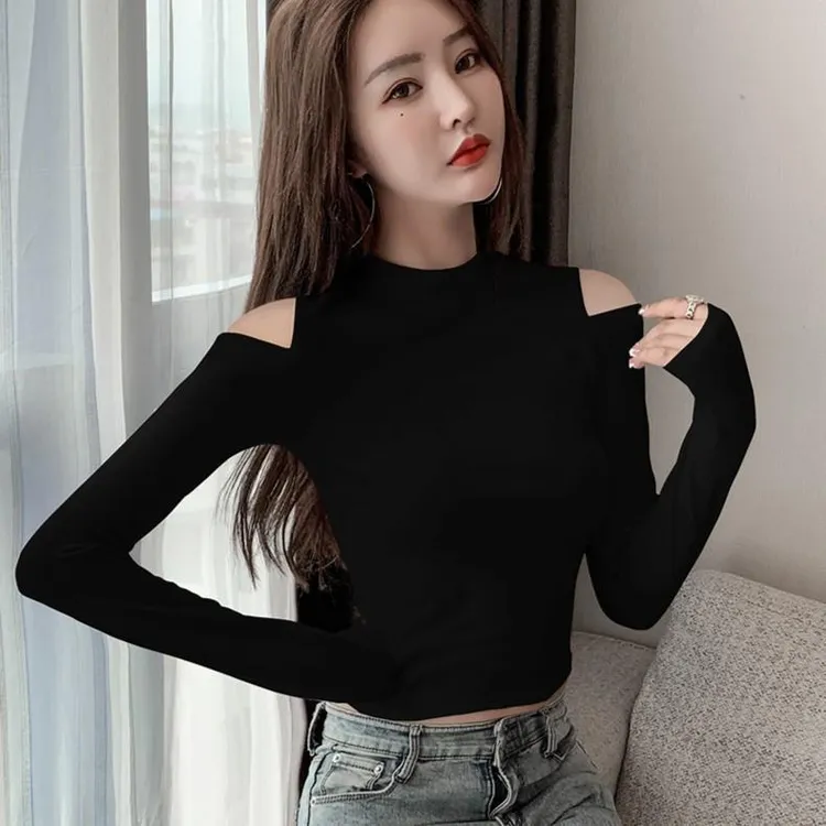 短款露脐上衣女新款修身长袖恤洋气性感内搭露肩半高领秋冬打底衫