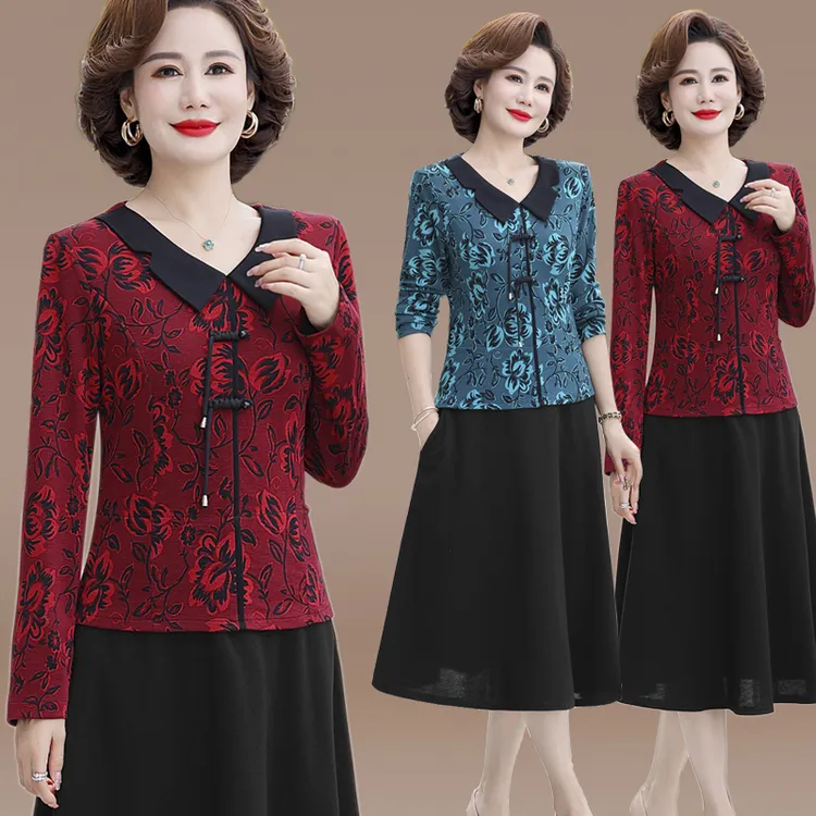 中年妈妈秋装假两件连衣裙女中老年人春秋长袖翻领中长款气质裙子