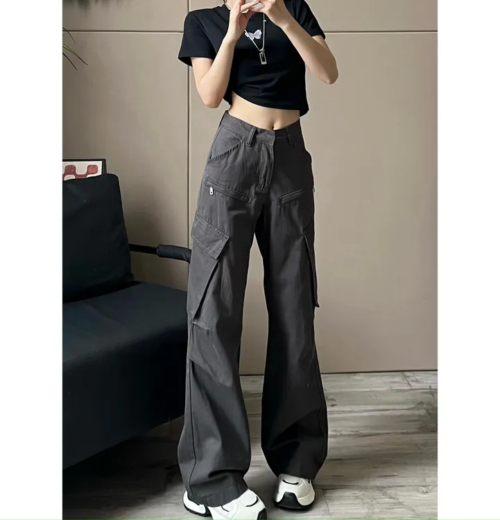 美式甜酷高腰直筒工装裤女2025窄版设计感显瘦加长版休闲裤-8335