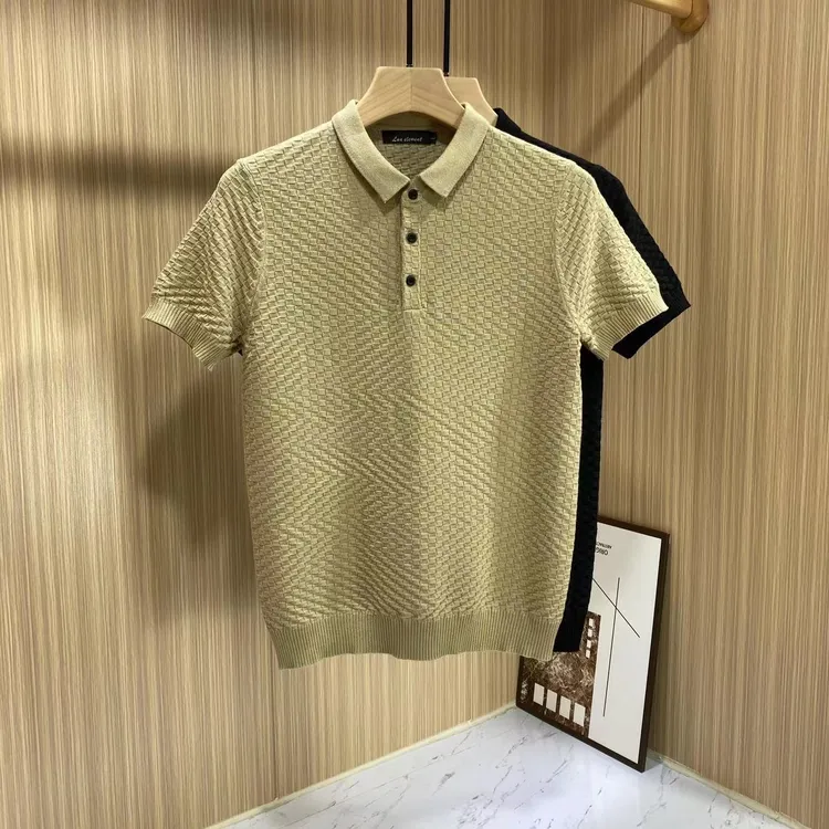 潮男新春夏纯色格子纹理翻领修身POLO轻奢男士透气休闲针织保罗衫