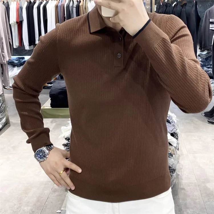 秋冬季套头polo衫上衣男士时尚翻领休闲纯色商务高端修身针织衫男