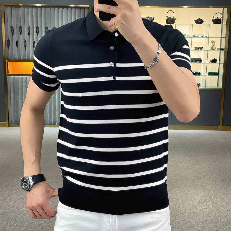 男士高品质时尚短袖POLO衫针织t恤2025新款夏季个性条纹翻领潮流
