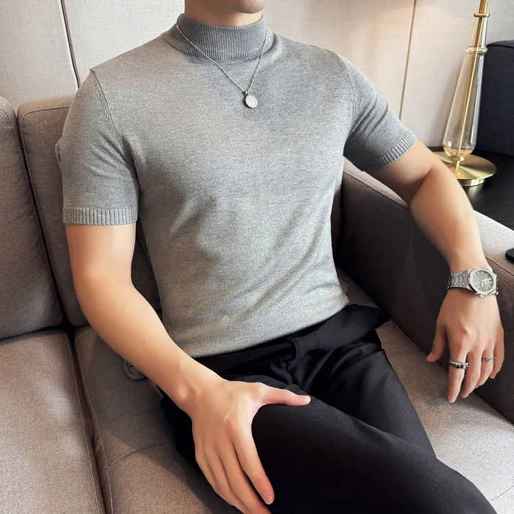 2025欧洲站秋冬新款毛衣 纯色修身半高领短袖针织毛衣打底衫男
