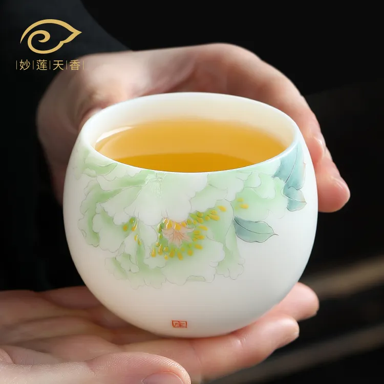 妙莲天香手绘羊脂玉瓷主人杯陶瓷中式高档个人专用茶杯单杯女男士