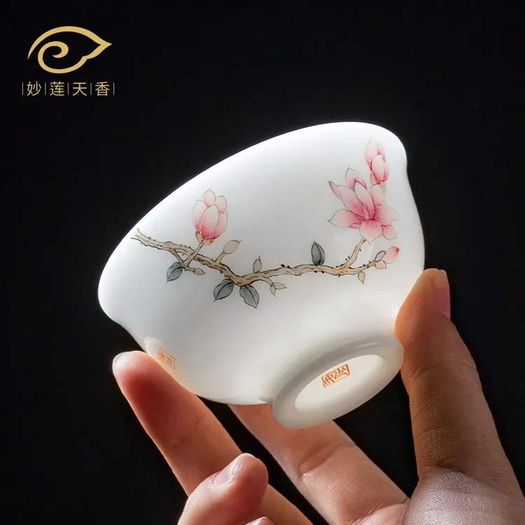 妙莲天香手绘玉兰花主人杯高档中式冰种玉陶瓷个人专用品茗杯茶杯