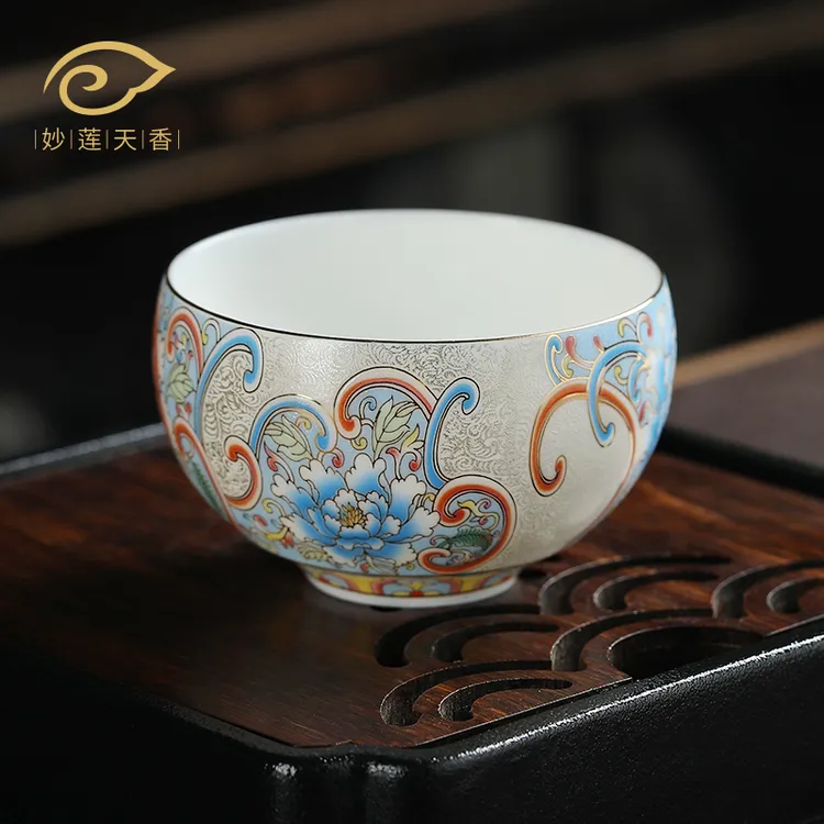 妙莲天香高档宫廷风珐琅彩掐丝银主人杯罗汉杯个人品茗杯单杯单个