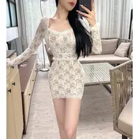 鱼子定制「韩漫天菜」时尚收腰纯欲修身蕾丝长袖包臀连衣裙Q0510