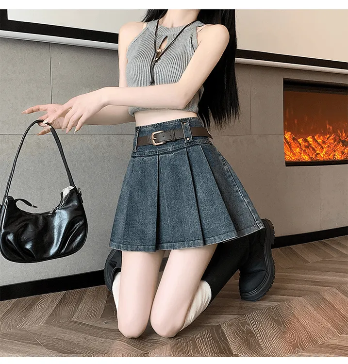 蓝色复古牛仔百褶裙女春夏新款小个子高腰显瘦A字设计感半身短裙