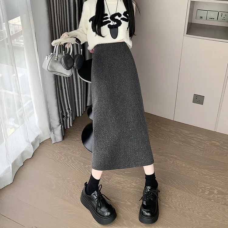 小香风亮闪后开叉直筒半身裙女2024秋冬新款高腰显瘦中长款包臀裙