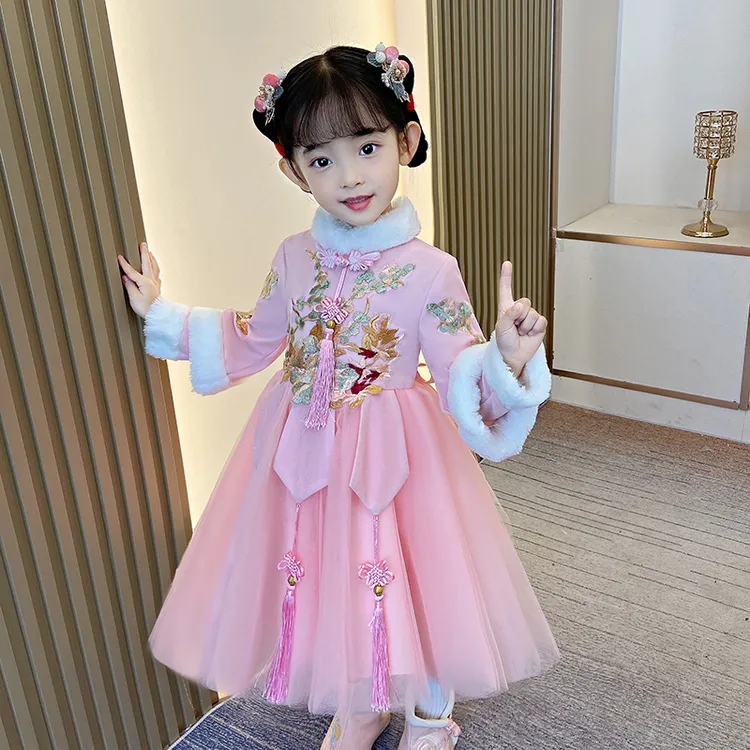 女童冬季儿童加绒公主裙洋气小女孩中国风唐装汉服过年拜年服