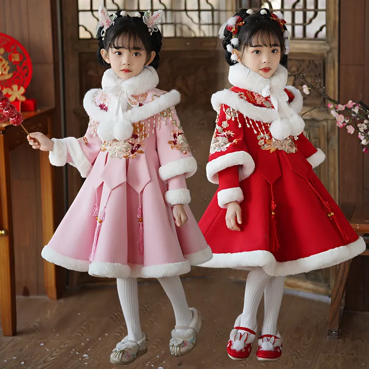女童连衣裙秋冬加绒加厚公主裙洋气宝宝冬季唐装汉服小女孩拜年服