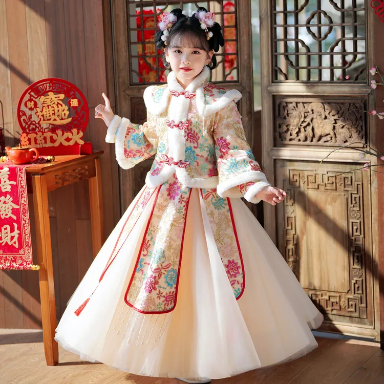 儿童冬季拜年服宝宝加绒加厚古风秋冬中国风女童过年喜庆汉服女童