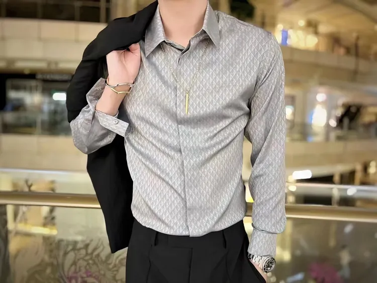 全新未使用 DIOR/迪奥 男士桑蚕丝满印老花长袖时尚衬衫100451